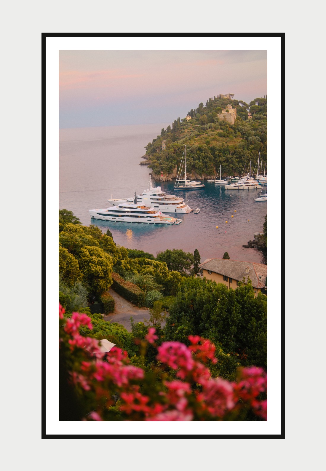 Framed print: superyachts in the harbor at sunset, Portofino, Italy