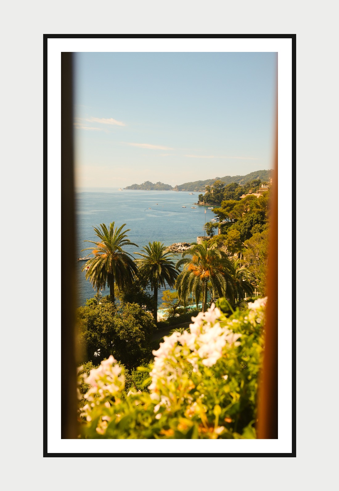 Framed print: the coastline framed by palm trees, Portofino, Italy